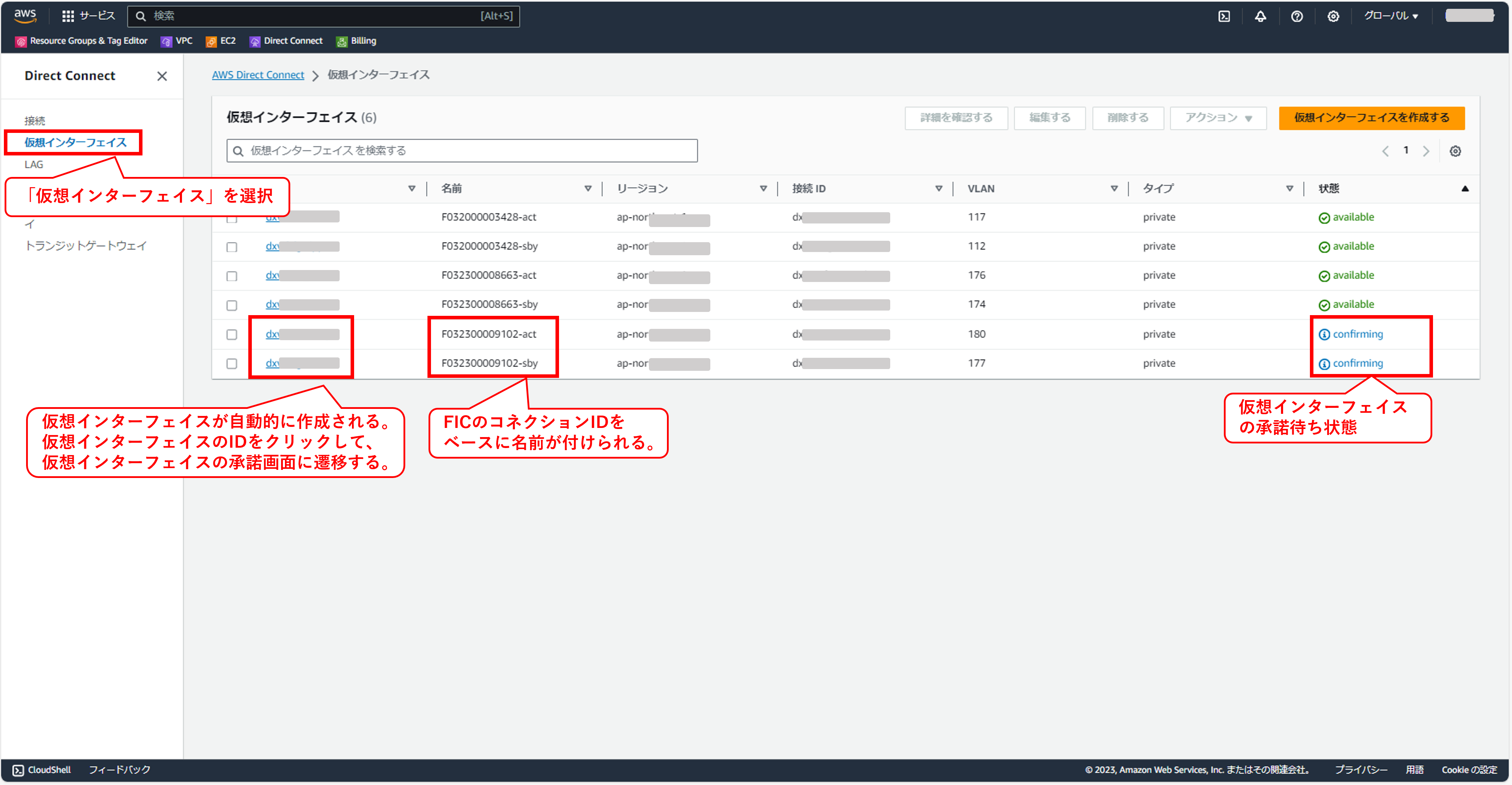 AWSDirectConnectの仮想インタフェース一覧の画面