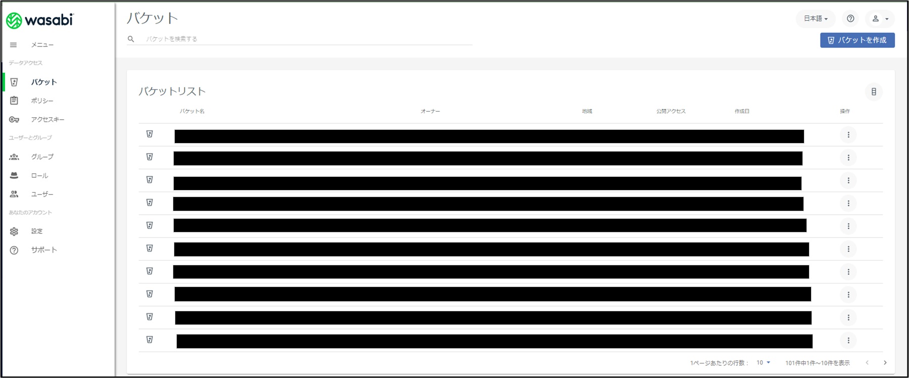 Wasabi設定 - バケットリスト