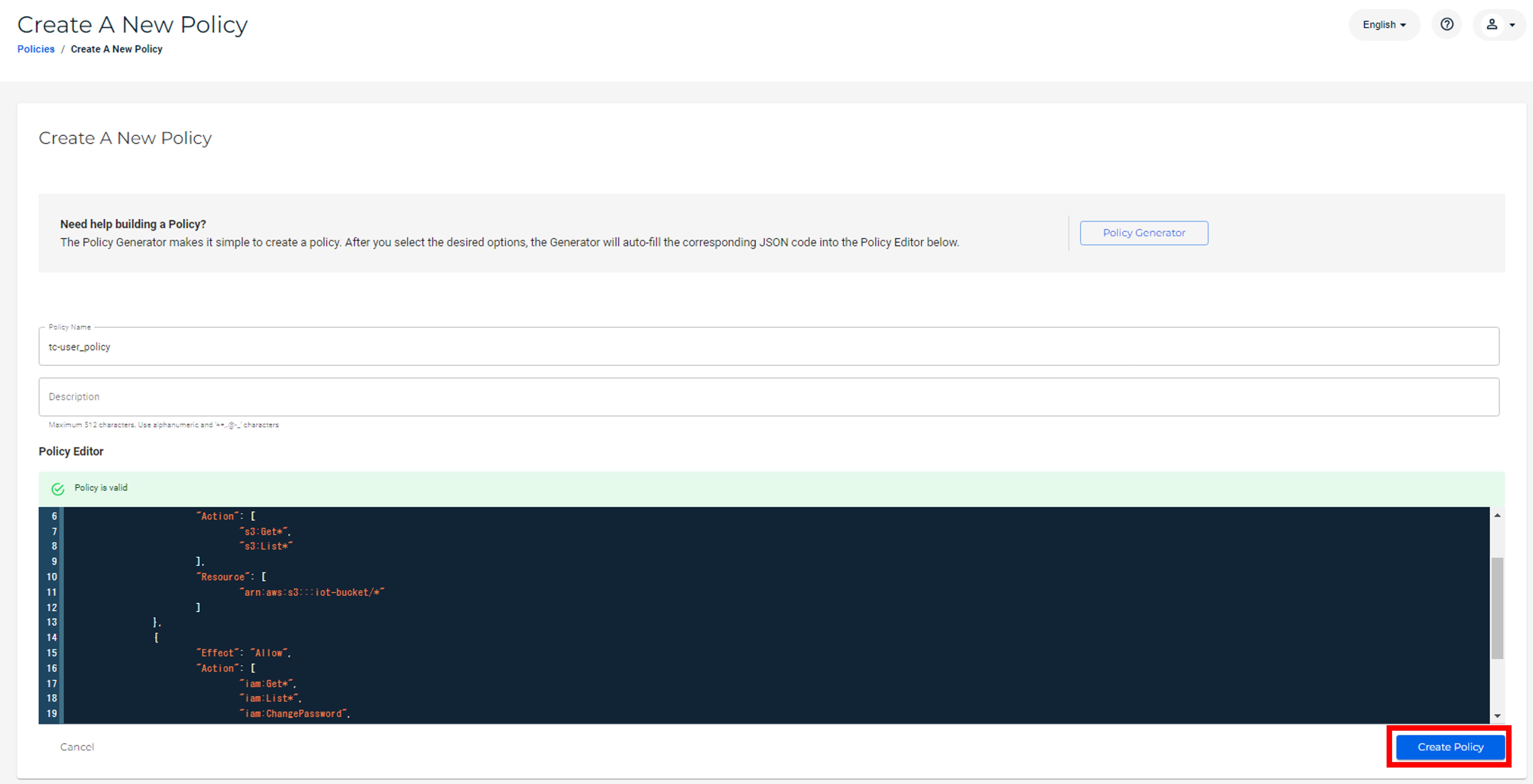 Wasabi設定 - カスタムポリシー定義