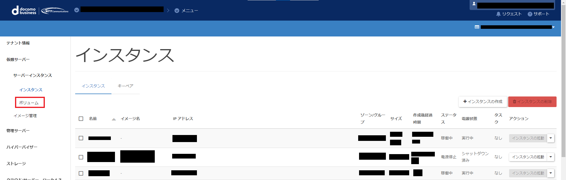 サーバーインスタンス構築- ボリューム画面