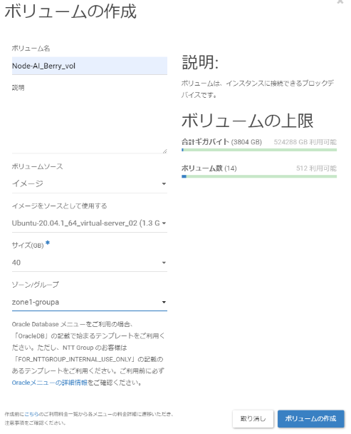 サーバーインスタンス構築- ボリューム設定画面
