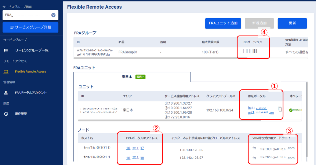 FRAグループ、FRAユニット画面