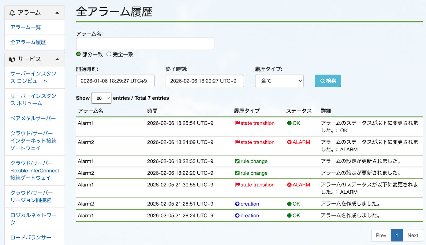 全アラーム履歴